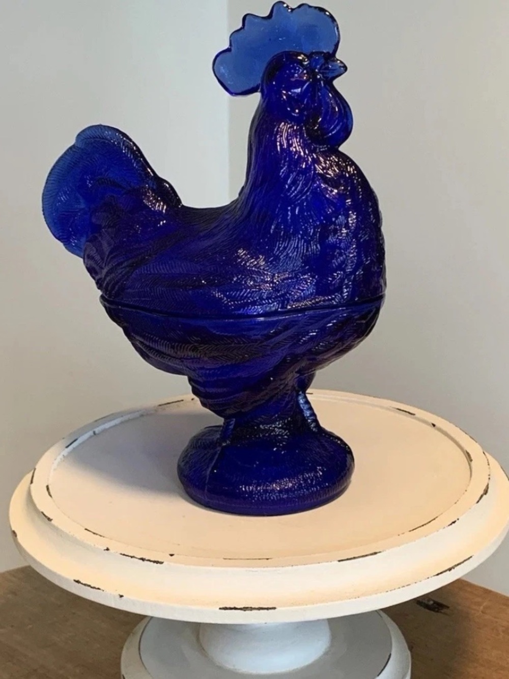 Cobalt Blue Glass Depression Style Rooster Chicken Candy Dish, Hen on Nest, Bowl